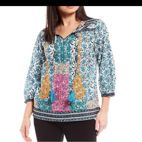 John Mark Teal and White Women's Top - Picture 1 of 10